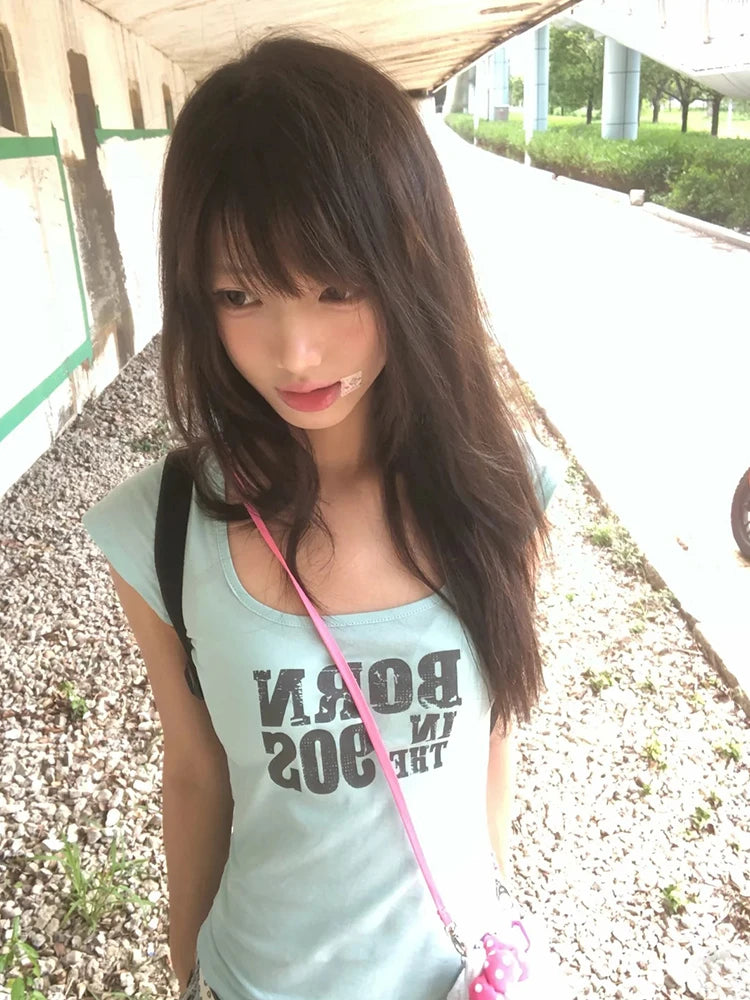 Chic Dollette To Y2k Aesthetic Print Letter T-shirt Women Slim Short Sleeve Tee Japanese 2000s Crop Tops American Retro Vintage Tops
