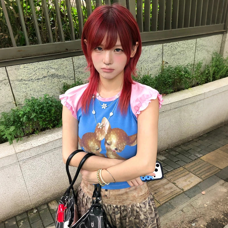 Chic Dollette Japanese Deer 2000s Short Sleeve Top