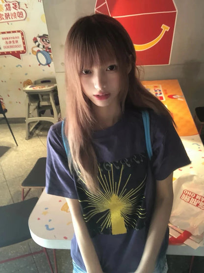 Chic Dollette Japanese Print Graphic Tops Short Sleeve American Retro Vintage Tops Washed Casual T Shirts 2000s Aesthetic Summer