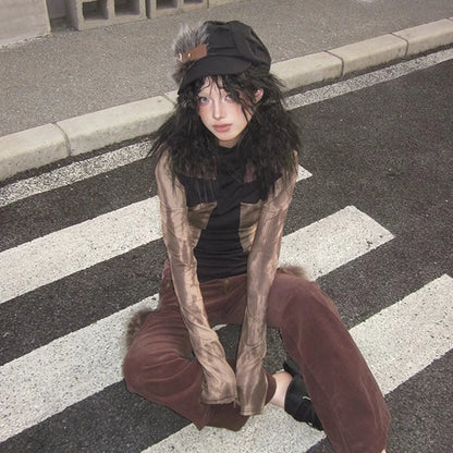 Schickes Dollette Gothic T-Shirt Schmal geschnittenes Patchwork Batik-T-Shirt Streetwear Japanisches 2000er T-Shirt Grunge American Retro 90er Top