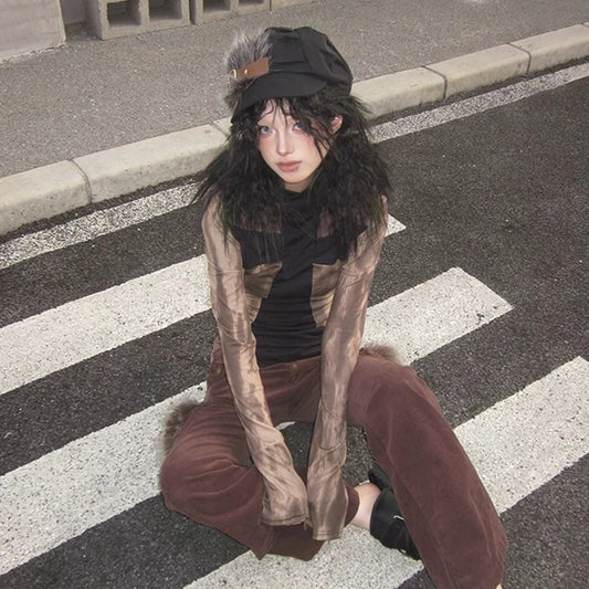 T-shirt Chic Gothique Dollette Coupe Ajustée Patchwork Tie-Dye Haut Streetwear Japonais Années 2000 T-shirts Grunge Rétro Américain Années 90