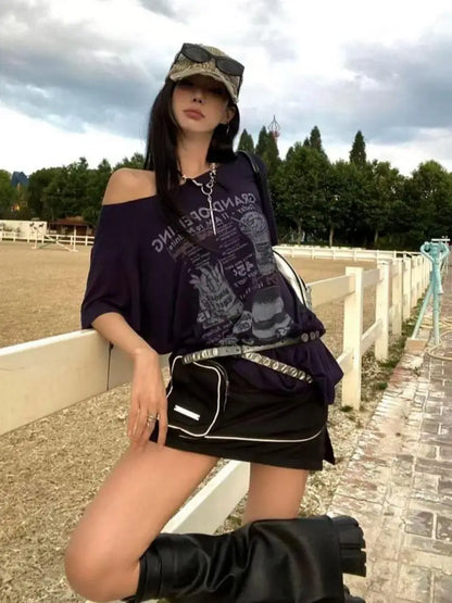 Chic Dollette Hotsweet Korean Style Damenbekleidung Grafik T-Shirts Lockere Schräge Kragen Kurzarm 2000er Kleidung Lässiges Oberteil