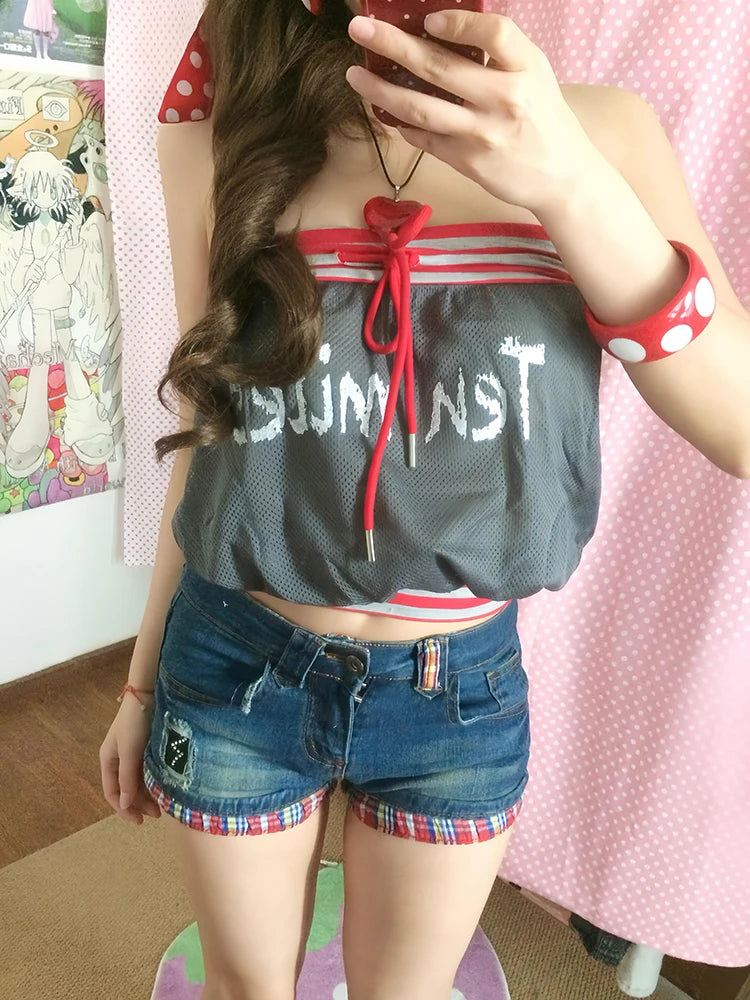 Chic Dollette Checkered Rolled Hem Denim Shorts Women Y2K Gyaru Rhinestone Stretchy Slim Low Waist Jean Shorts Vintage Streetwear
