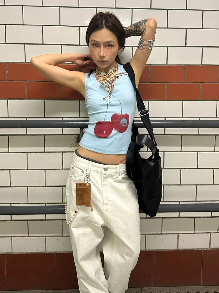 Haut court chic sans manches Harajuku avec fermeture éclair, style grunge, imprimé Dollette, tee-shirt rétro américain, pour l'été