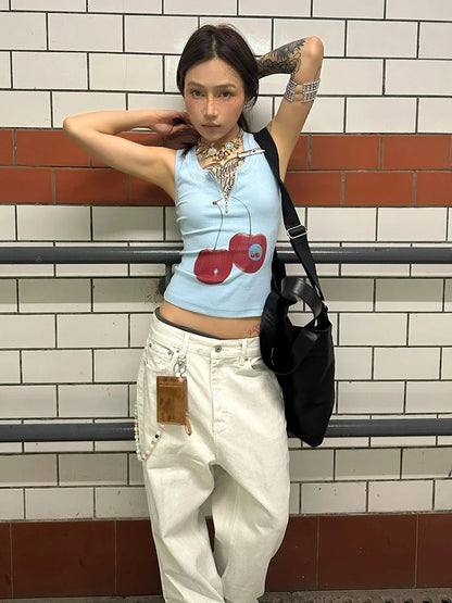 Haut court chic sans manches Harajuku avec fermeture éclair, style grunge, imprimé Dollette, tee-shirt rétro américain, pour l'été