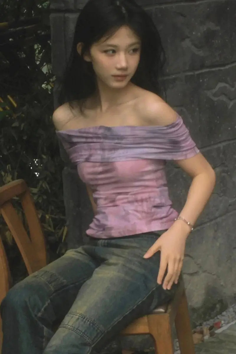 Chic Dollette T-shirts graphiques violets à épaules dénudées style années 2000 Manches courtes Style japonais Vêtements pour femmes Chic