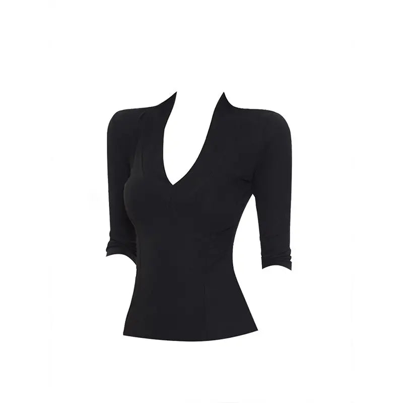 Chic Dollette Unifarbenes Sommer-Oberteil mit V-Ausschnitt, schmal geschnittenes T-Shirt, Kurzarm, koreanische Mode, Damenbekleidung, Skinny, 2000er Kleidung