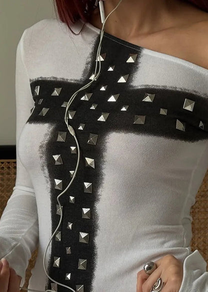 Chic Dollette T-shirt à manches longues pour femme Sexy Slim Chic Tendance Imprimé croix Haut col asymétrique Grunge Harajuku Streetwear féminin