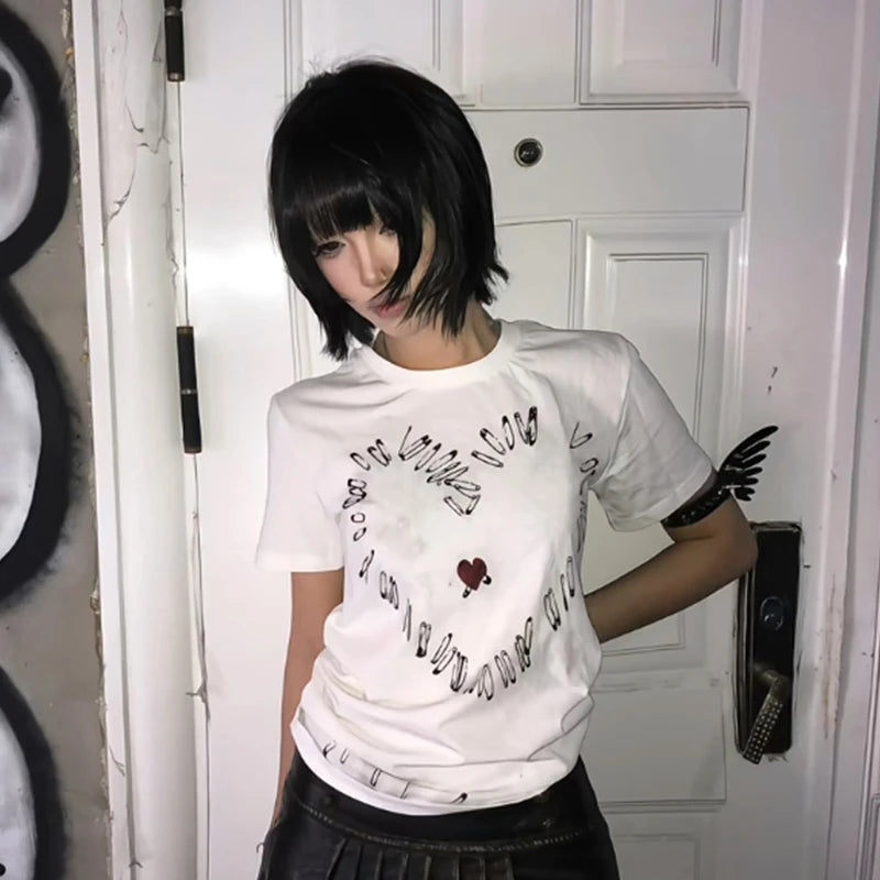 Chic Dollette Japanisches T-Shirt Kurzarm Print Grafik Top Weiß Grunge Top Streetwear Amerikanischer Retro 90er Jahre T-Shirts