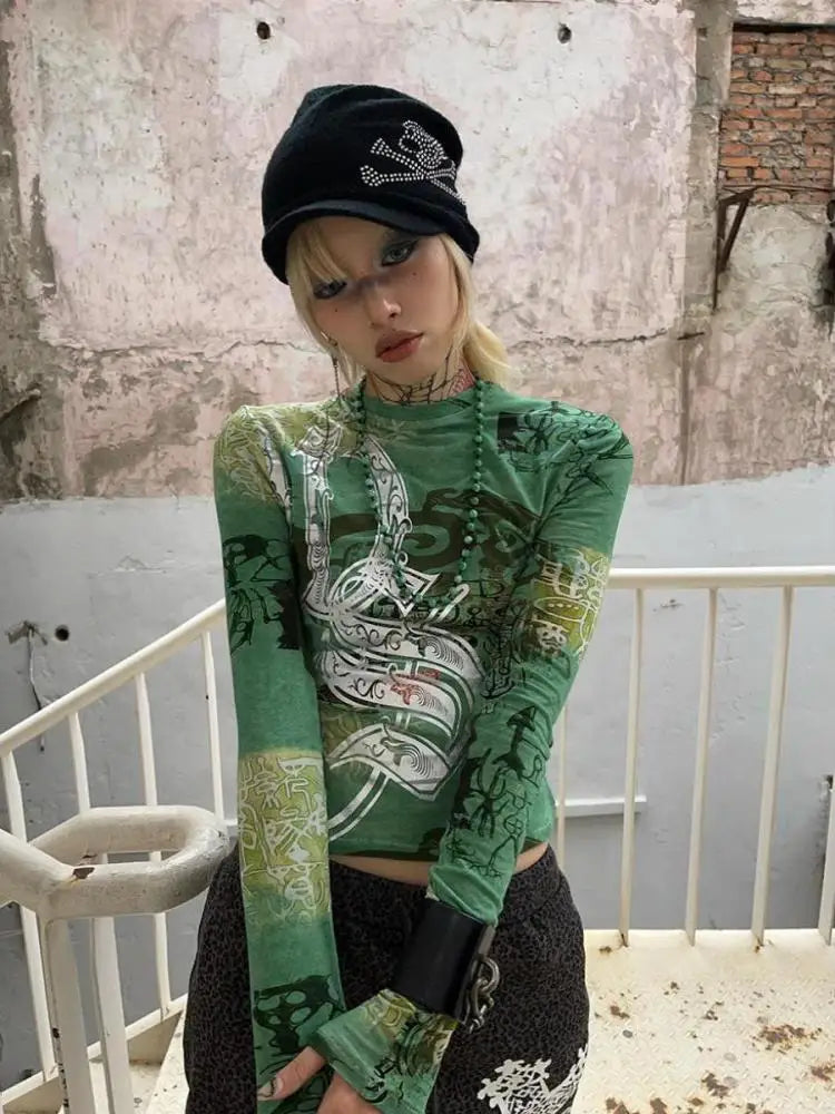Chic Dollette Print T-Shirt Kleidung Langarm Grün Durchsichtig Grunge Ästhetik Slim Frühlingsoberteil Gothic T-Shirts Elegante T-Shirts