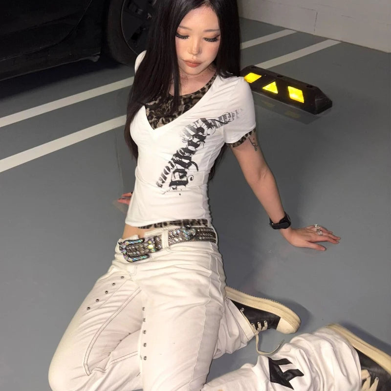 Chic Dollette 2000s Subculture Print T Shirts American Vintage Slim Leopard Patchwork Tees Y2k Harajuku Hot Girl Streetwear Short Sleeve Tops