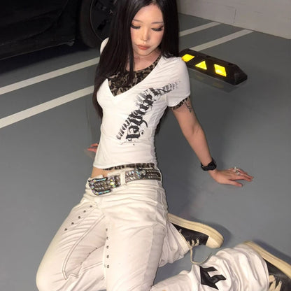 Chic Dollette 2000s Subculture Print T Shirts American Vintage Slim Leopard Patchwork Tees Y2k Harajuku Hot Girl Streetwear Short Sleeve Tops
