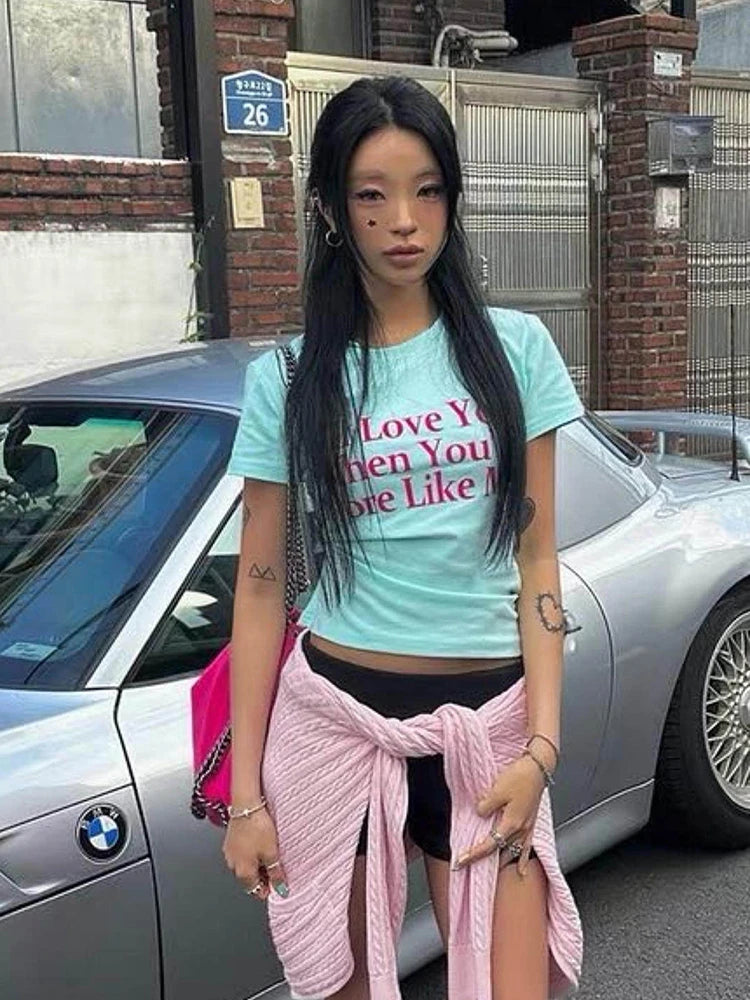 Chic Dollette American Retro Print Letter T-shirt Women Slim Short Sleeve Crop Tops Y2k Japanses Vintage Tops Streetwear Tshirts