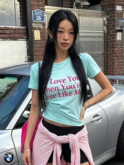Chic Dollette American Retro Print Letter T-shirt Women Slim Short Sleeve Crop Tops Y2k Japanses Vintage Tops Streetwear Tshirts