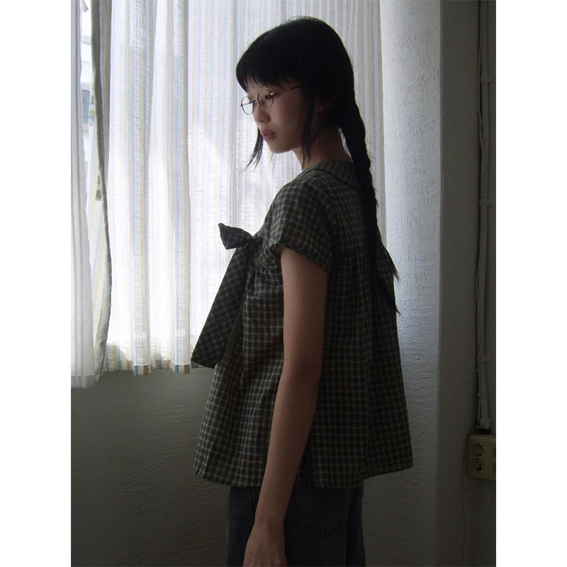 Chic Dollette Plaid Shirts Women Japanese Harajuku Bow Peter Pan Collar Blouses Summer Korean Aesthetic Short Sleeve Casual Tops New