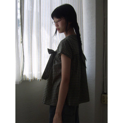 Chic Dollette Plaid Shirts Women Japanese Harajuku Bow Peter Pan Collar Blouses Summer Korean Aesthetic Short Sleeve Casual Tops New