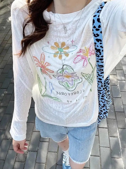 Chic Dollette T-Shirt im koreanischen Stil, handbemalte Blume, Langarm, 2000er Kleidung, Grafik-T-Shirts, Rundhals, lockeres Mode-Oberteil
