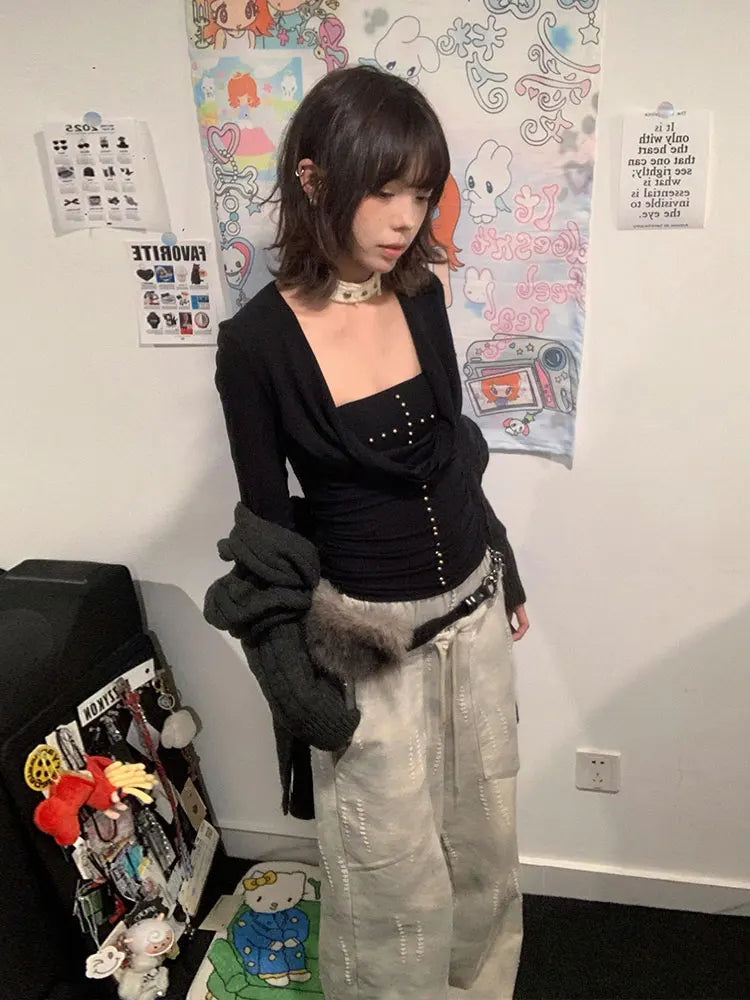 Chic Dollette Japanisches T-Shirt Schwarze Nieten Punk Top Swing-Kragen Streetwear Zweiteiliges Top Amerikanischer Retro 90er T-Shirts