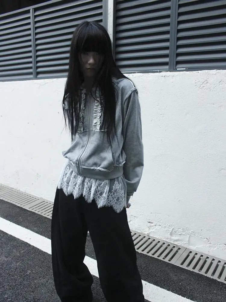 Haut court chic coréen Dollette en patchwork et dentelle, sans manches, style superposé, dos nu, streetwear, gothique chic