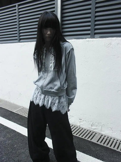 Haut court chic coréen Dollette en patchwork et dentelle, sans manches, style superposé, dos nu, streetwear, gothique chic