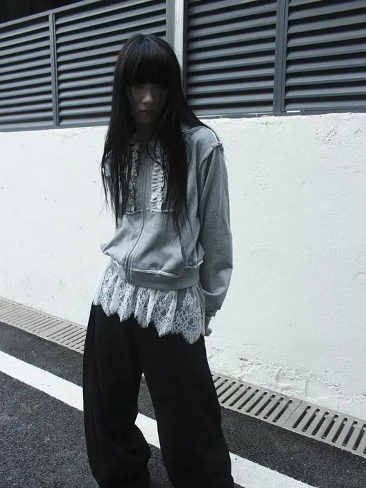 Haut court chic coréen Dollette en patchwork et dentelle, sans manches, style superposé, dos nu, streetwear, gothique chic