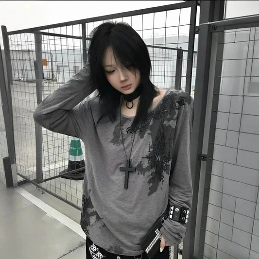 T-shirt imprimé Chic Dollette Punk Gothique Manches Longues Décontracté Vintage Grunge Top Tee Streetwear American Retro Tshirts Fairycore Fille