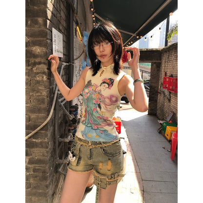 Chic Dollette Chinesischer Stil Tank Top Aushöhlen Skinny Weste 2000er Kleidung Blumenfee Druck Damen Ärmellos Koreanisches Mode Top