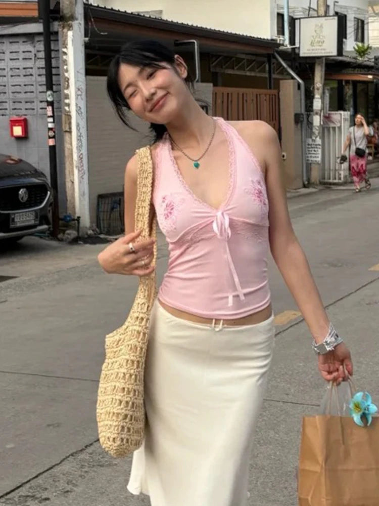 Chic Dollette  Fairycore Tank Tops Women Lace Print Graphic Tops Sleeveless Japanese 2000s Camis E-girls Streetwear Halter Tops