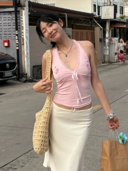 Chic Dollette  Fairycore Tank Tops Women Lace Print Graphic Tops Sleeveless Japanese 2000s Camis E-girls Streetwear Halter Tops