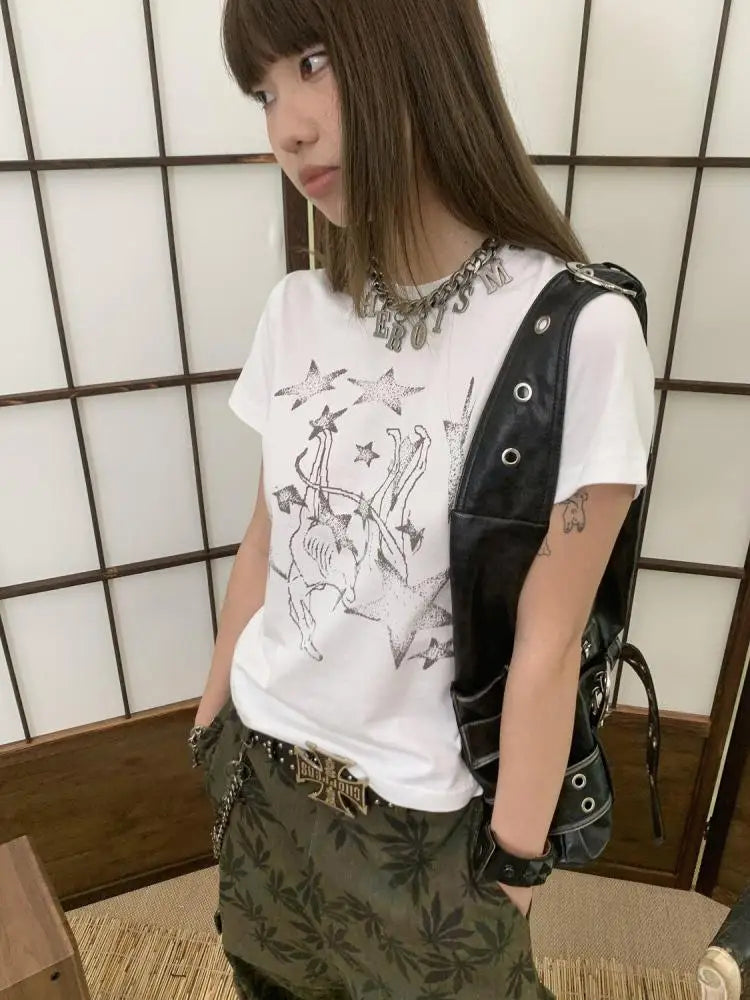 Chic Dollette Amerikanischer Retro-Print Grafik-T-Shirts Damen Kleidung Kurzarm 2000er Kleidung Koreanische Mode T-Shirts Frauen Kleidung