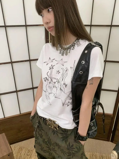 Chic Dollette Amerikanischer Retro-Print Grafik-T-Shirts Damen Kleidung Kurzarm 2000er Kleidung Koreanische Mode T-Shirts Frauen Kleidung