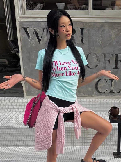 Chic Dollette American Retro Print Letter T-shirt Women Slim Short Sleeve Crop Tops Y2k Japanses Vintage Tops Streetwear Tshirts