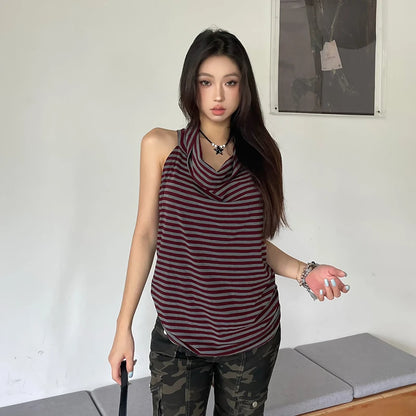 Chic Dollette Débardeur vintage gothique rayé sans manches Col bénitier Camisole Style japonais années 2000 Grunge Top E-girls