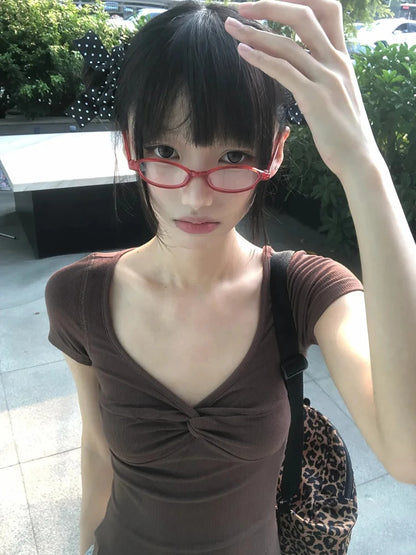 Chic Dollette 2000s Women's T-shirt Short Sleeve Slim Crop Tops Streetwerar Aesthetic 2000s Tee Tops Y2k Fairycore Tshirts