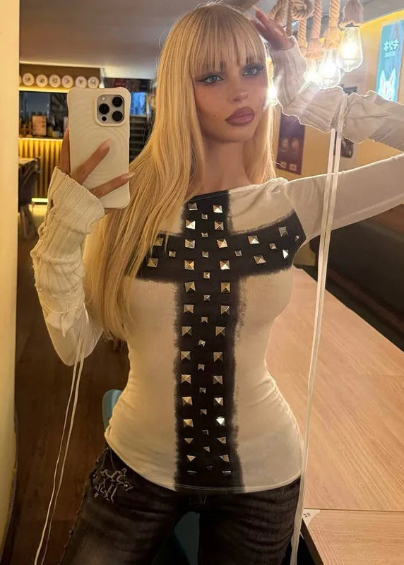 Chic Dollette T-shirt à manches longues pour femme Sexy Slim Chic Tendance Imprimé croix Haut col asymétrique Grunge Harajuku Streetwear féminin