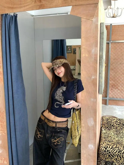 Chic Dollette Sexy Top Grafik-T-Shirts Leopard Print Kurzarm-T-Shirt O-Ausschnitt Skinny Tees 2000er Kleidung Koreanische Modekleidung