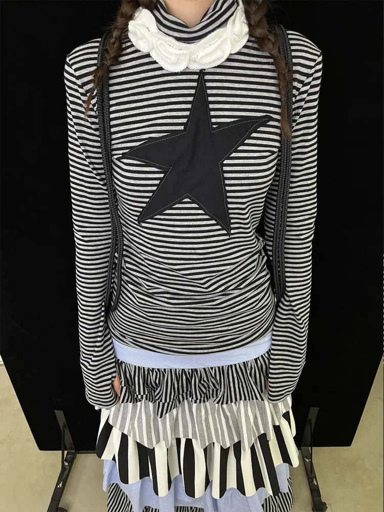 Chic Dollette Vintage Gestreifte Grafik T-Shirts Langarm Herbst Top Koreanische Mode T-Shirts Damen Kleidung 2000er Jahre Kleidung T-Shirt