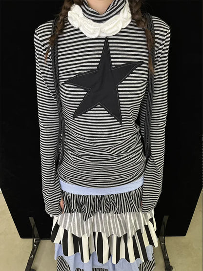 Chic Dollette Vintage Gestreifte Grafik T-Shirts Langarm Herbst Top Koreanische Mode T-Shirts Damen Kleidung 2000er Jahre Kleidung T-Shirt