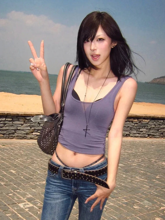 Chic Dollette American Retro  Slim Tank Tops Women Cotton Sleeveless Tee Y2k Japanese 2000s Camis Vest Tops Streetwear Summer Tanks
