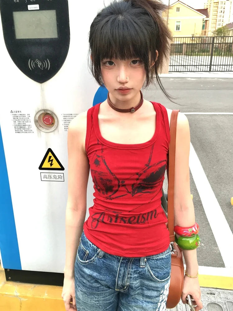 Chic Dollette Gothic Vintage Tank Top Ärmelloses Grafik-Print-Top Streetwear Japanische 2000er Weste Grunge Top E-Girls