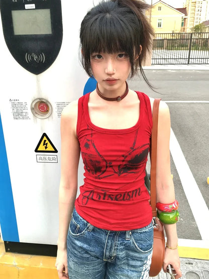 Chic Dollette Gothic Vintage Tank Top Ärmelloses Grafik-Print-Top Streetwear Japanische 2000er Weste Grunge Top E-Girls