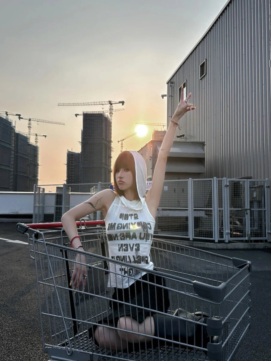 Chic Dollette Vintage Print Letter Tank Top Ärmellos Mit Kapuze Retro Crop Top Streetwear 2000er Japanisches Sommer Tank E Girls