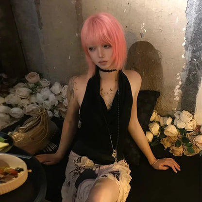 Chic Dollette Japanisches Tanktop mit Schwingkragen, unregelmäßigem Schnitt, ärmellos, Streetwear, 2000er Grunge Weste Top Tee