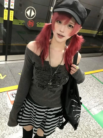 Schickes Dollette Fairycore T-Shirt Langarm Fake Two Pieces Top Japanischer 2000er Print Graphic Top Streetwear Crop Top