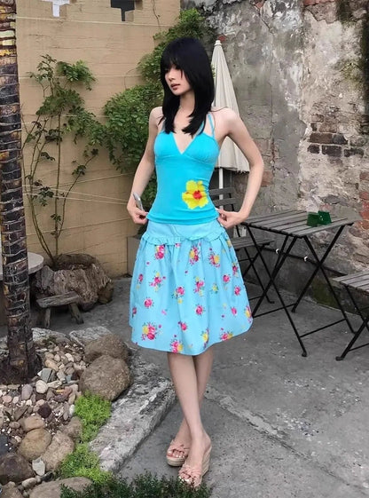 Chic Dollette Floral Print Halter Top Women Casual  Beaded Straps Lace Trim Slim Fit Tees Japnese Harajuku Streetwear 2026 Summer