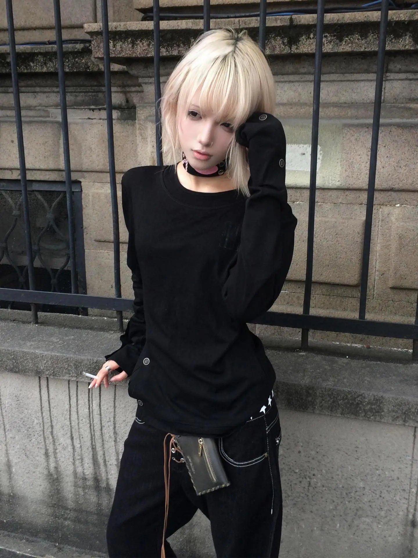 Chic Dollette Gothic Vintage T-Shirt Langarm Button Retro Schwarz Grunge Top Streetwear 2000er Print T-Shirts Herbst