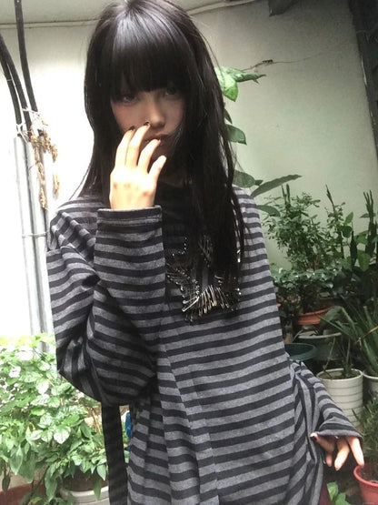 Chic Dollette Gothic Vintage Print Top Langarm Gestreiftes T-Shirt Japanisches Star Tee Top 2000er Grunge T-Shirts