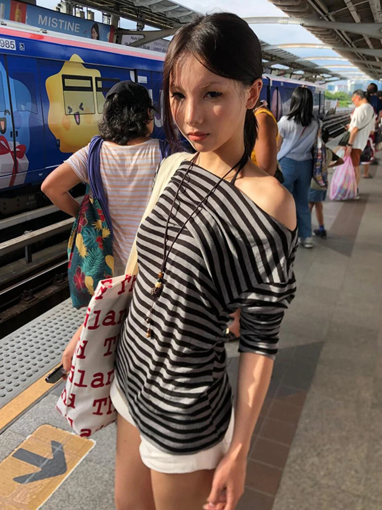 Chic Dollette T-shirt japonais slim rayé, épaules dénudées, style coréen, vintage, top streetwear, T-shirts années 2000, automne