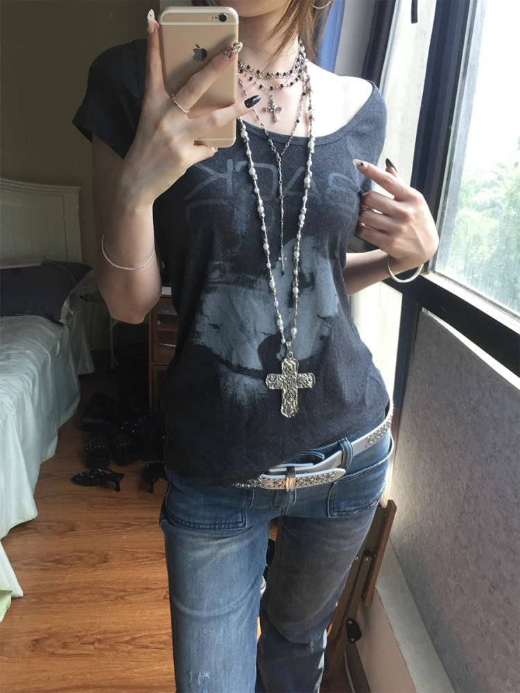 Chic Dollette Amerikanisches Retro T-Shirt Elastisches Kurzarm-Print Grafik-Top Streetwear Japanisches Grunge Top Ästhetisch