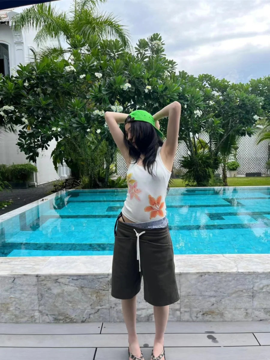Schickes Dollette Japanisches Tanktop Ärmelloses Print Graphic Top Streetwear Skinny American Retro 90er Sommer Crop Top